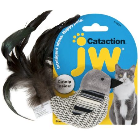 JW Pet Cataction Catnip Black And White Bird Cat Toy With Feather Tail